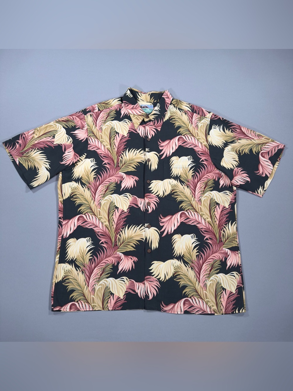 Reyn Spooner Hawaiian Shirt Large L Black Pink Champagne Tropical Rayon Hawaii